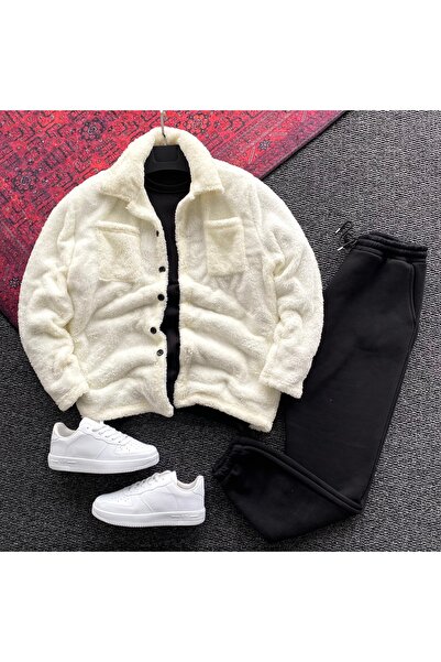 THANBUTİK Plush Jacket & 3 Thread Fleece Sweat and Fleece Tracksuit 3-Piece Set