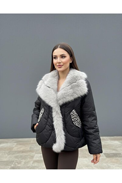 Rabiossa Women's Stone-Embellished Fur-Filled Puffer Coat