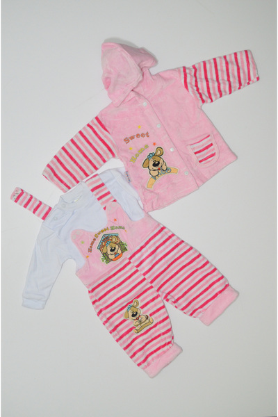 Baby Slon Kids Clup Kışlık kadife üçlü köpek nakışlı çıtçıt kapamalı kapüşonl...