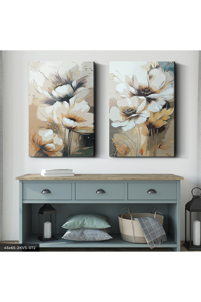 Evinemoda Gold Yapraklı Çiçek 2 Parça Kanvas - Canvas Tablo