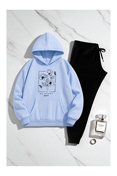 PENTHİLUS Unisex Flower Printed 3 Thread K Hooded Sweatshirt Tracksuit Set