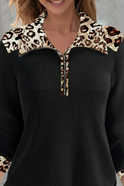 COCOBELLA Kadın Uzun Kollu Leopar Yakalı Fermuarlı Waffle Bluz