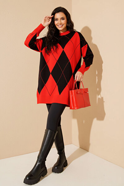 FERHEL Wide Diamond Pattern Long Oversized Sweater Tunic