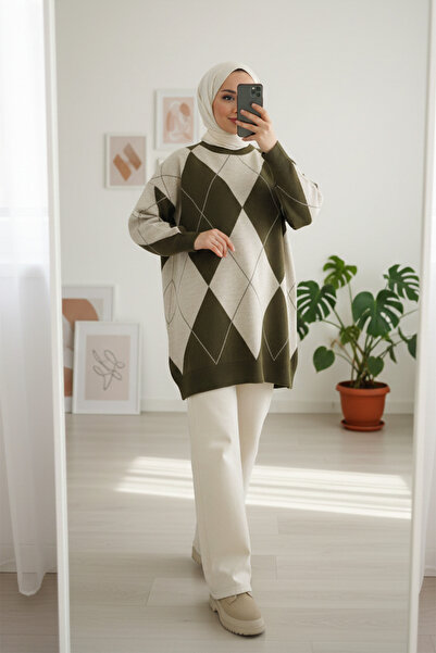 FERHEL Wide Diamond Pattern Long Oversized Sweater Tunic