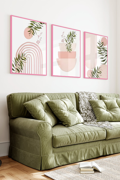 kutuTR Pembe Renkli Ahşap Çerçeveli 2DUV Baskı 3’lü MDF Tablo–Minimal Botanik...