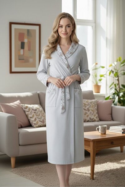 Lohussa Women's Blue Shawl Collar Floral Pattern Detailed Special Design Belt...