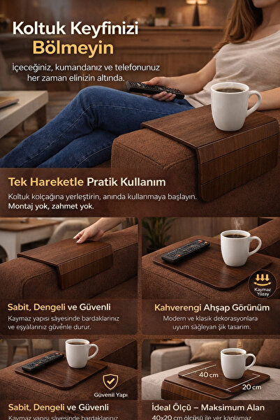 HGROUP Koltuk Kolçak Sehpası Kahverengi 40x20cm – Bardak ve TV Kumandası İçin...