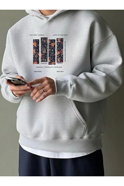 FUFLUNS Ethnic Pattern Printed Oversize Unisex Men's Ka Hooded Weatshi̇rt