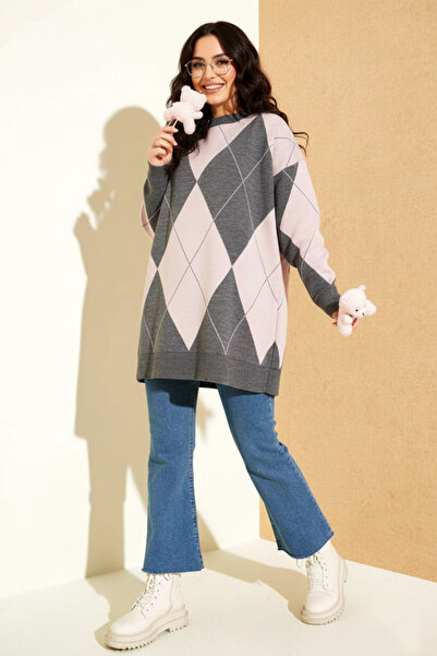 FERHEL Wide Diamond Pattern Long Oversized Sweater Tunic