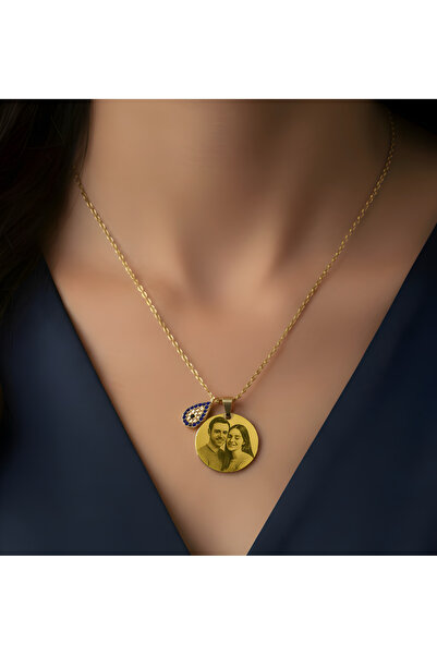 Vamoria Kişiye Özel Lazer Resim Baskılı Mavi Damla Nazar Boncuklu Gold Renk Ç...