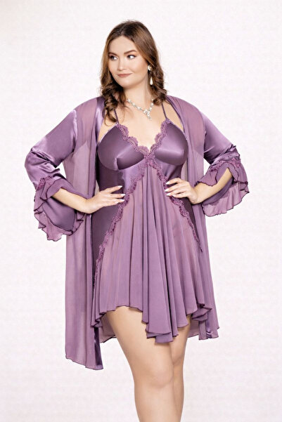 turkish Women's satin nightgown with a light robe and lace details