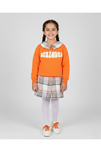 Ege Bebek Girl's Plaid Patterned Shorts with Skirt, Collared Sweatshirt, Ages...