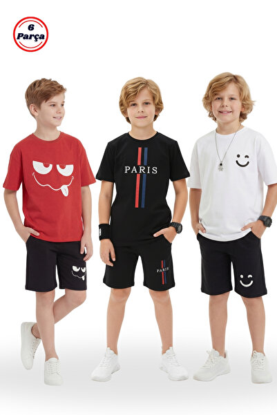 FYK KİDS 3-Piece Round Neck Print Detail Boys' 6-Piece Top and Bottom Set