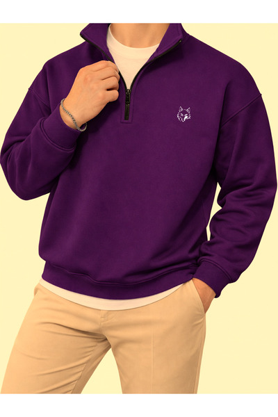 Deep sense Men's Purple Half Zipper Winter Sweatshirt Mock Neck 3 Yarn Fleece...