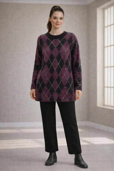 TUSSE Elegant Women's Angora Knitted Argyle Pattern Women's Plus Size Blouse