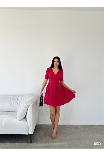 rengamoda Women's Double-Breasted Collar Short Sleeve Mini Flared Dress