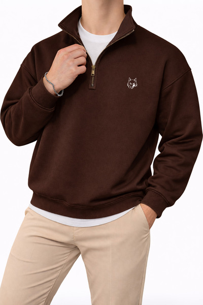 Deep sense Men's Brown Half Zipper Winter Sweatshirt Mock Neck 3 Yarn Fleece-...