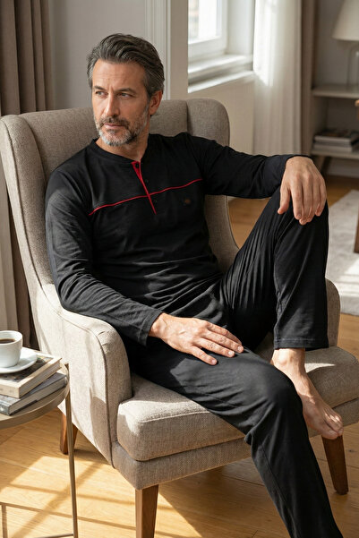 Zekalya Premium Single Jersey Combed Cotton Henley Collar Navy Blue Men's Paj...