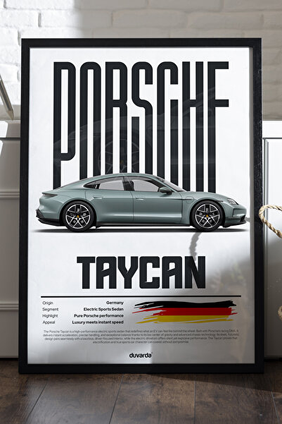 Duvarda Porsche Taycan Araba Siyah Ahşap Çerçeveli Poster, Dekoratif Duvar Ta...
