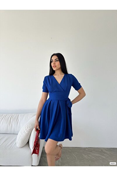 rengamoda Women's Double-Breasted Collar Short Sleeve Mini Flared Dress