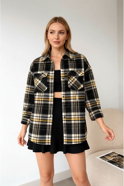 MAMAYAGA Women's Pattern Block Lumberjack Oversized Loose and Wide Fit Casual...