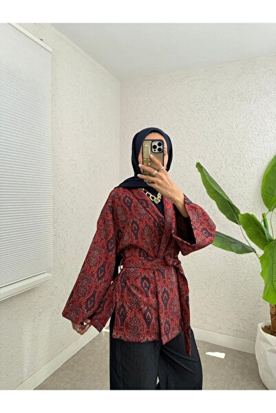 BellaVita Botuique Bordo Etnik Desenli Kuşaklı Kimono