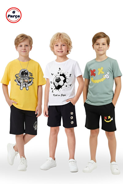 FYK KİDS 3-Piece Round Neck Print Detail Boys' 6-Piece Top and Bottom Set