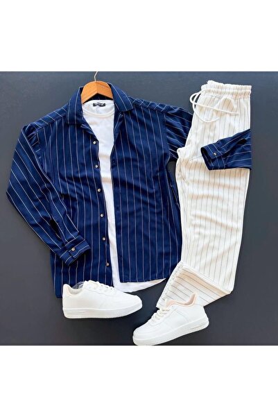 giyimadam16 Crepe Fabric Striped Shirt Pantalon Set