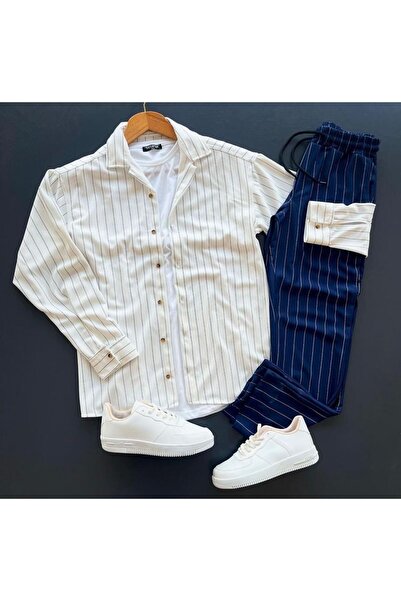 giyimadam16 Crepe Fabric Striped Shirt Pantalon Set