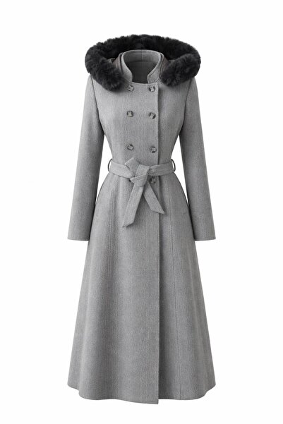 ESİN GİYİM Kruvaze Düğmeli Kuşaklı Kapşonlu Kaşe Kaban