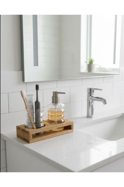 Ars Buğra Home طقم صابون وحامل فرشاة أسنان زجاجي للحمام من أكاسيا مكون من 3 قطع مع حامل