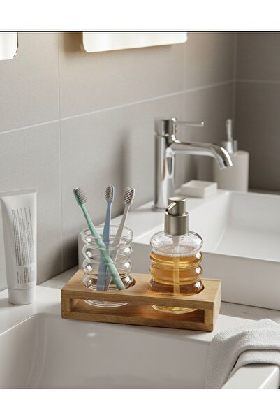 Buğra Home Akasya 3-Piece Glass Bathroom Soap Dispenser & Toothbrush Holder S...