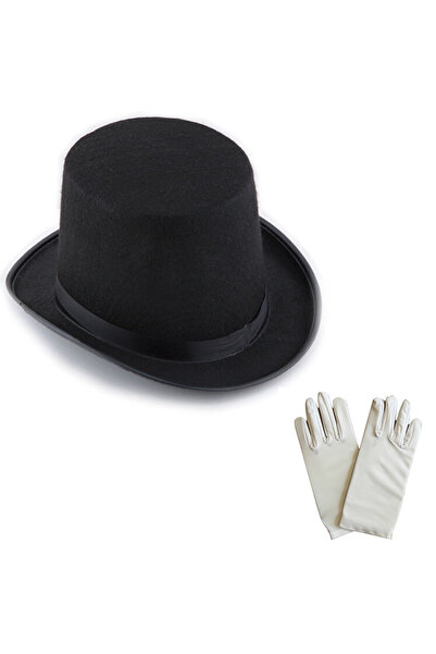 NW NessiWorld Black wizard fedora hat 15 cm - 1 pair white wizard gloves - ad...