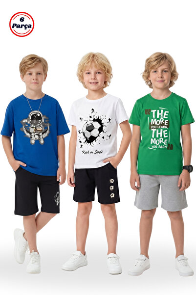 FYK KİDS 3-Piece Round Neck Print Detail Boys' 6-Piece Top and Bottom Set