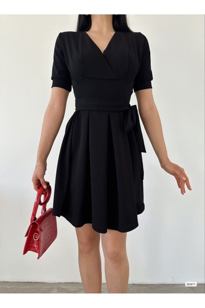 Esinty Trend Women's Double-Breasted Collar Short Sleeve Mini Flared Dress