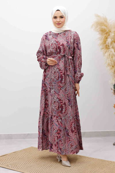 Tesettür Dünyası Shawl Pattern Belted Dress Tsd260107 Burgundy