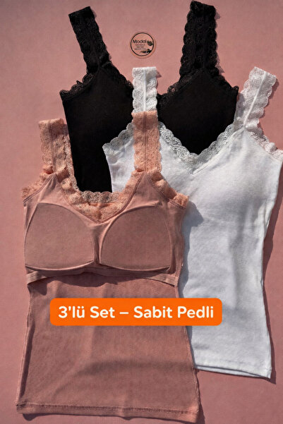 LEYNA BUTİK Women's Modal Camisole V-Neck Bra-Lined Lace Tank Top Blouse 3-Pi...