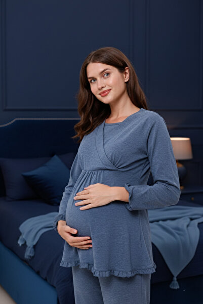 Yulem Homewear Anthracite Double-Breasted Ruffled Design Long Sleeve Cotton M...