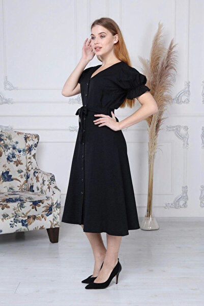 Sereia Women's V-Neck Shirt with Placket Belted Elegant Black Dress - Black -...