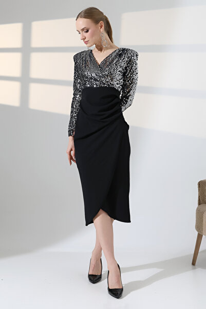 lubiti Sequined Double-Breasted Collar Midi Length Evening Dress