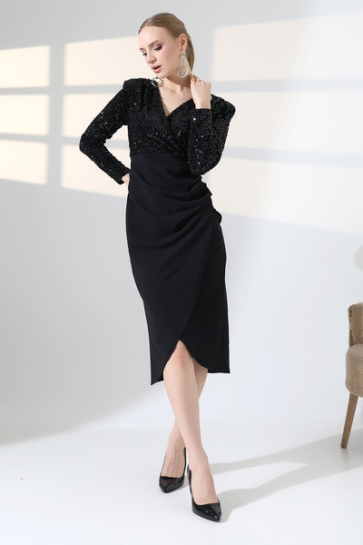 lubiti Sequined Double-Breasted Collar Midi Length Evening Dress