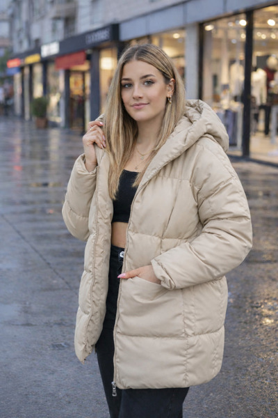 İpli Oversized Hooded Inflatable Coat Water Windproof