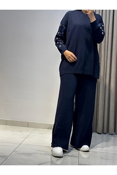 Tığ Triko Tunic Pants Set with Fabric Trim on the Sleeves and Button Detailing