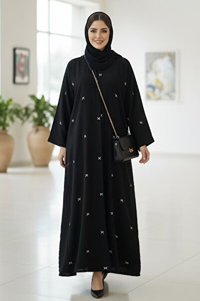 Muchmy Elegant Black Embroidered Abaya For Women Modest Long Sleeve V-neck Ma...