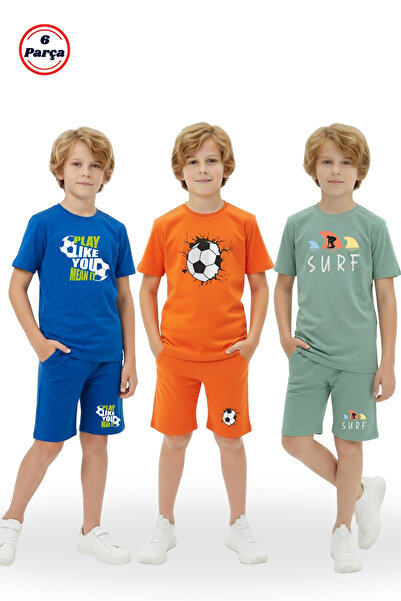 FYK KİDS 3-Piece Crew Neck Print Detailed Colorful Capri Pants Boys' 6-Piece ...