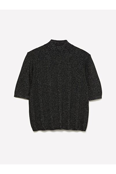 Sisley Women Cotton and Wool Blend Glitter Detailed Mock Neck Short Sleeve Sw...