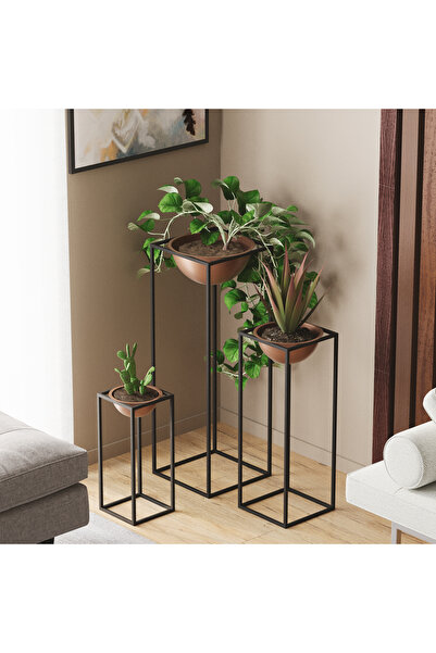 MOİRA Dekoratif Siyah Bakır,Metal Saksılık 3'lü Set Modern Ayaklı Siyah Çiçek...