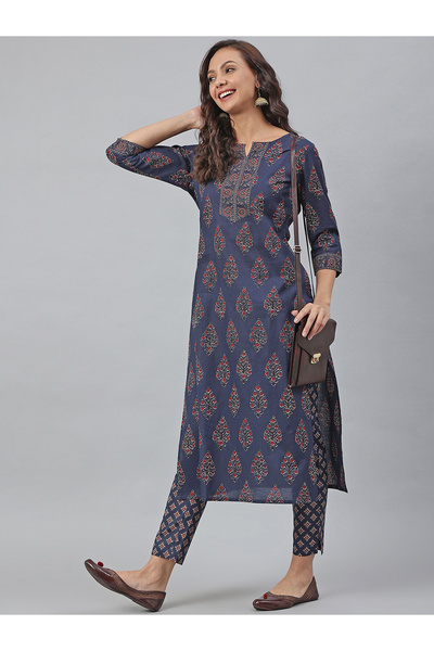 IndHeritage Premium cotton 2pc kurti set - Dark blue colour women's 2pc kurti...