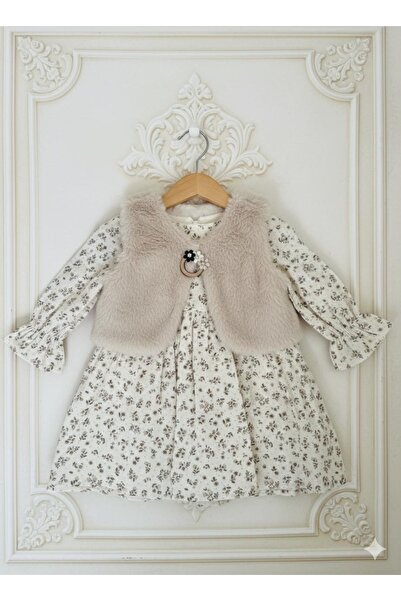 Ebruli Kürklü Yelek Detaylı Çiçek Desenli Kız Çocuk Elbise (2–5 Yaş)