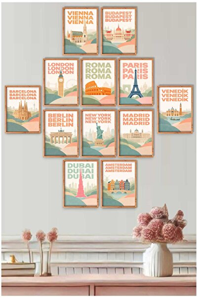 UNT Set de pictură MDF în stil boho World Cities – 12 bucăți 15x20 cm Decor d...